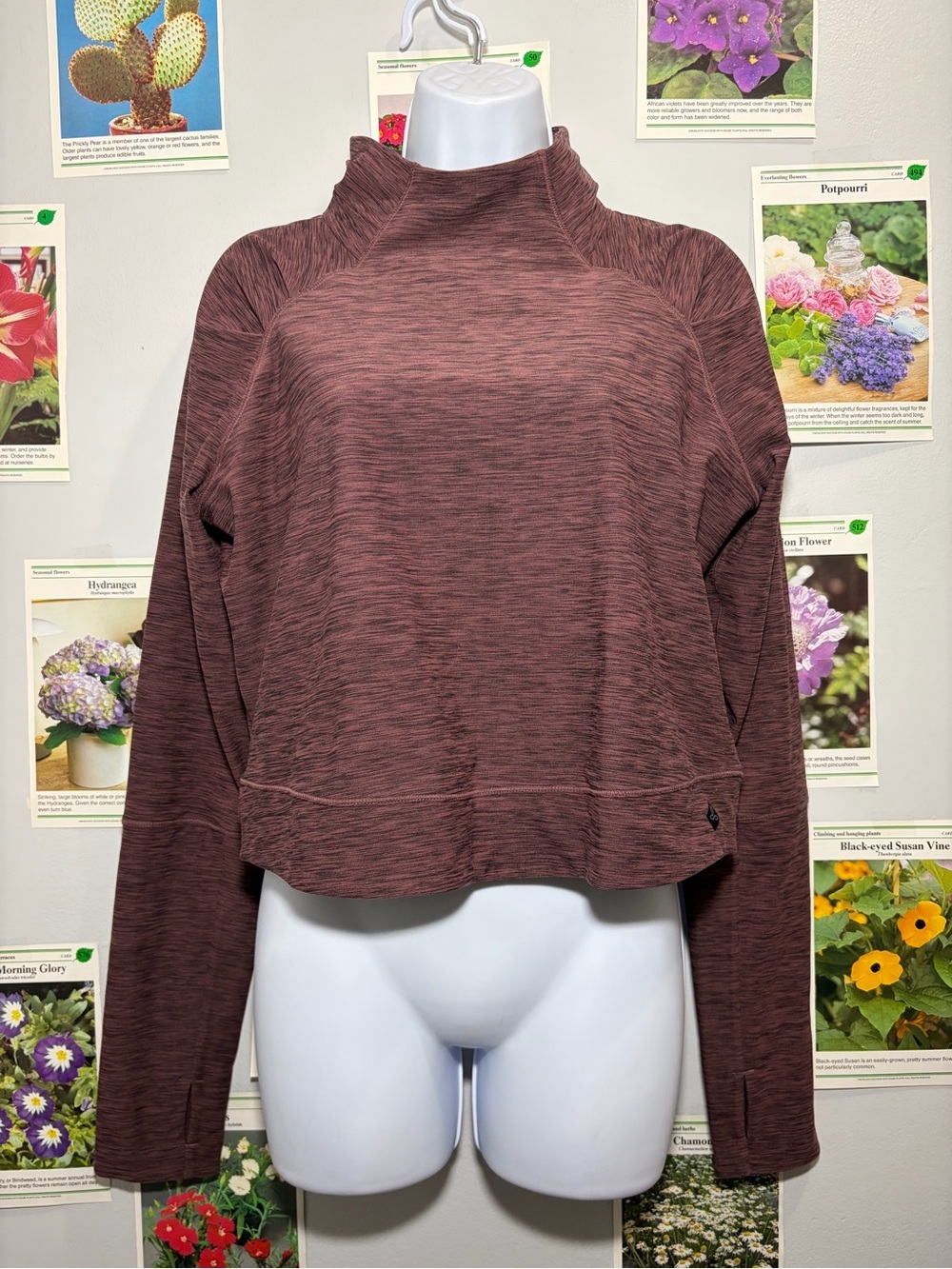 Prana Maroon Heathered Mock Neck Long-Sleeve Top